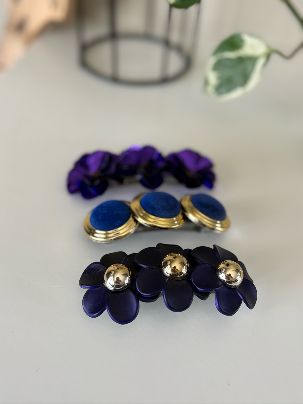 Vintage Navy Flower Barrette Trio with Gold Accents